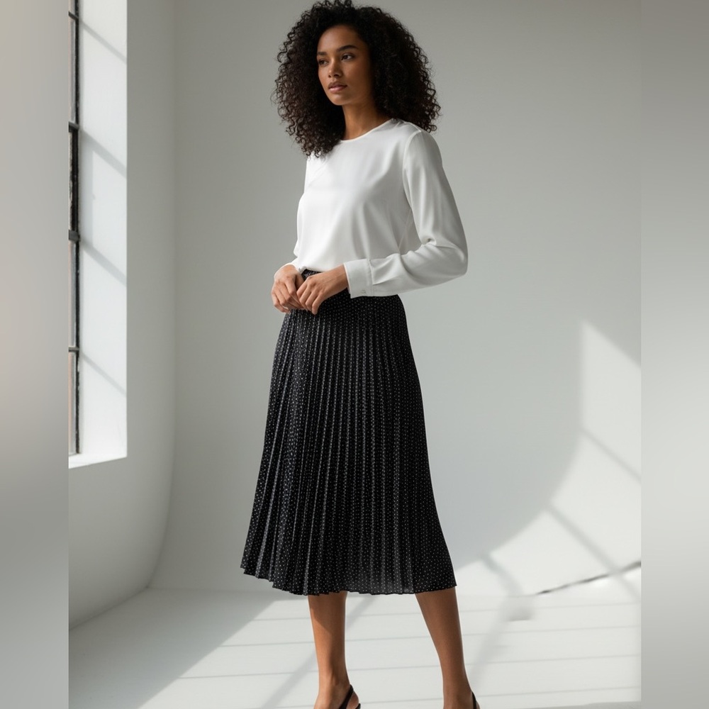 HALOGEN PLEATED MIDI/MAXI SKIRT Size XL Black White Swiss Dot Pattern Print
